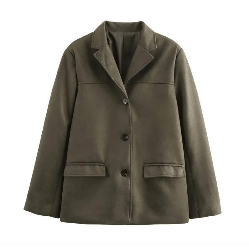 Talenza Vintage Women's Suede Leather Jacket Single Breasted Lapel Brown Blazer Loose Coats 2025 Autumn Office Lady Outerwears