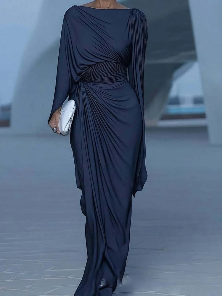 Sexy Slash Collar Pleat Slim Evening Dress Elegant High Waist Solid Color Banquet Dress Lady Leisure Irregular Long Sleeve Dress