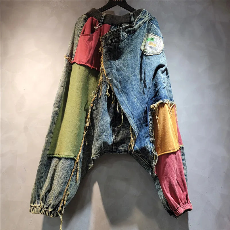 YEAE personalized crotch pants women's 2024 autumn new asymmetrical color matching loose large size jeans