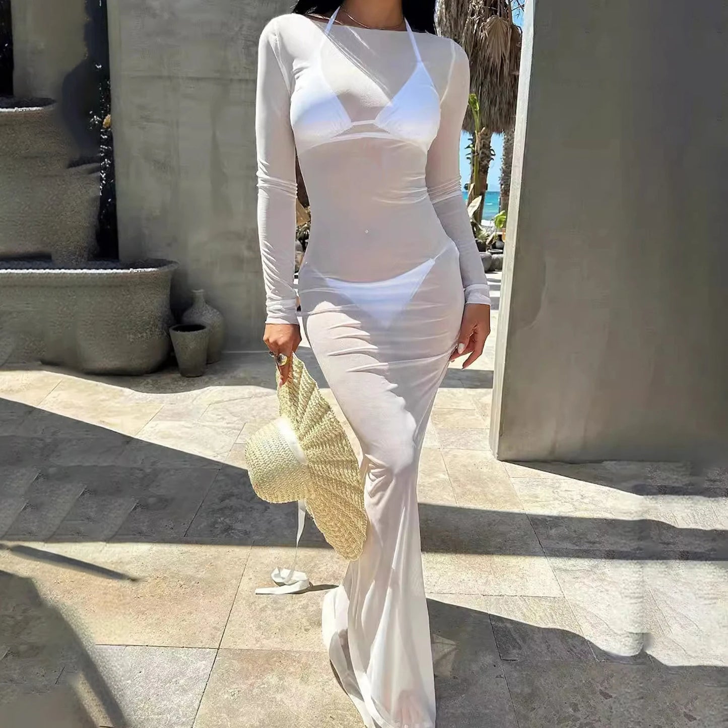 Women's Sheer Mesh Dress Solid Color Boat Neck Long Sleeve Bodycon Long Dress See Through Sexy Beach Club Cover-ups Dresses