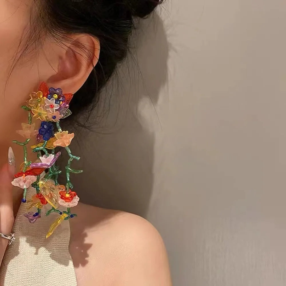 1pair Bohemia Hanging Earrings Colorful Flower Earrings Jewelry Long Tassel Earrings Handmade Beaded Transparent Flower Earrings