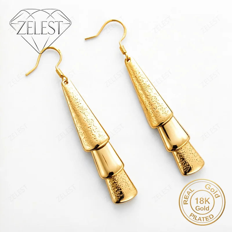 925 Sterling Silver 18K Gold Plated Exquisite Matte Polished Long Earrings for Women, Glamour Party Jewelry Gift Accessories