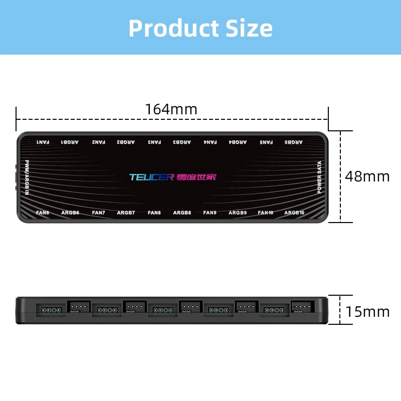 TEUCER LP-10 ARGB/PWM HUB SATA Power Interface 5 Ports 5V 3pin ARGB and 5 Ports 4pin PWM HUB Fan 2 in 1 HUB Adapter