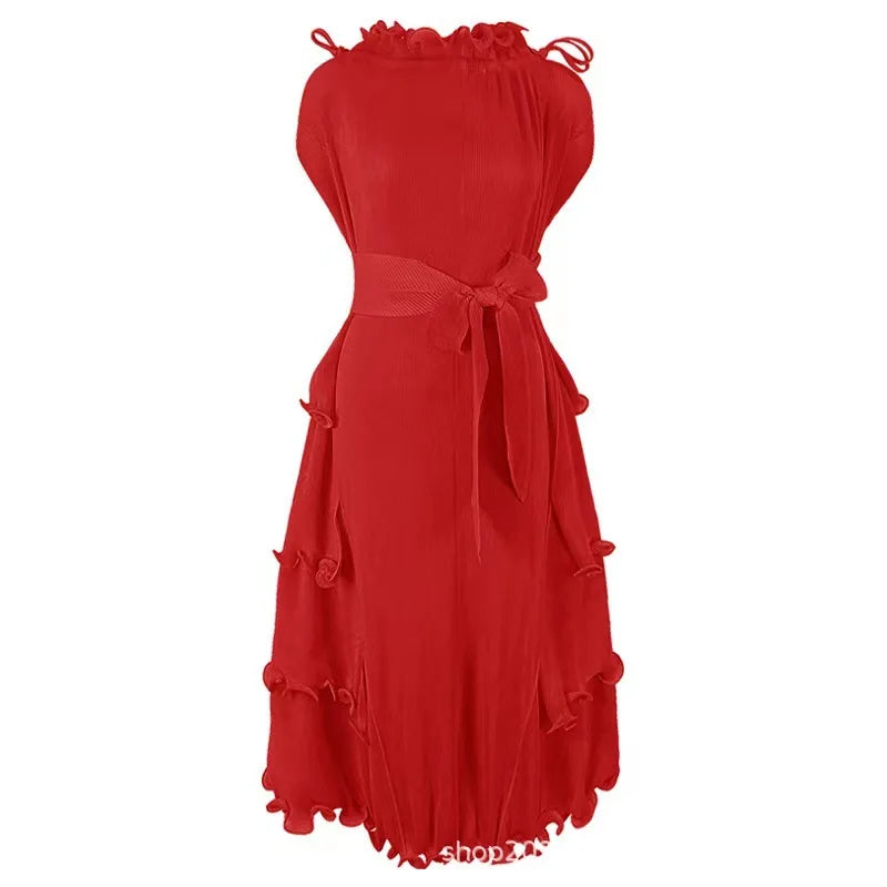 Miyake Pleated Plus Size Dress 2023 Summer New Solid Color Wind Close Edge Lace-up Pleated All-matching Sleeveless Dress