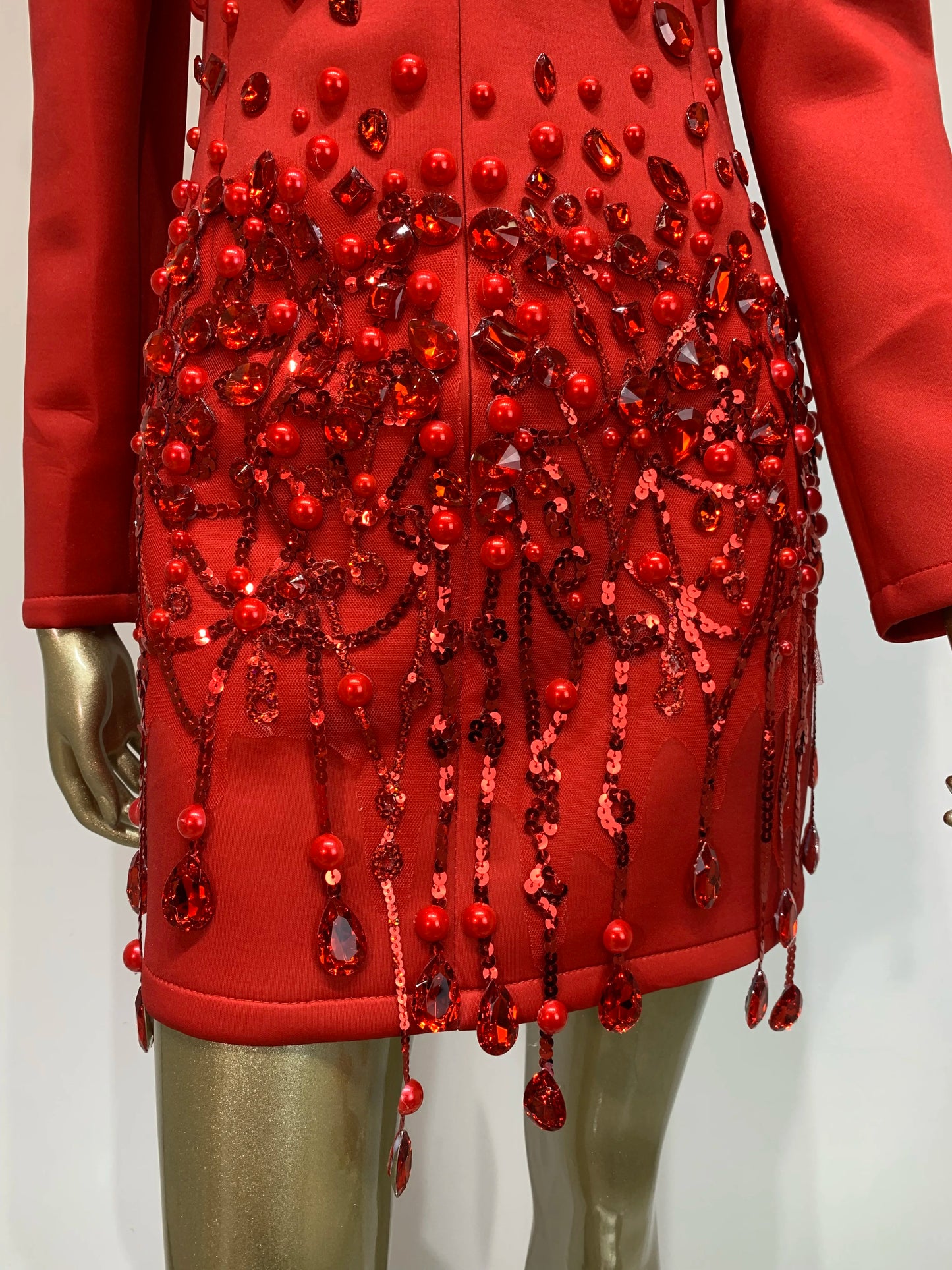Sparkly Crystal Pearls Long sleeves Mini Dress Red Fashion Luxury Birthday Evening Party Nightclub Outfit Singer Stage Costume 