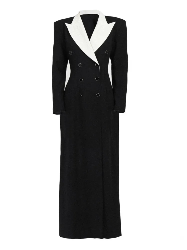 DEAT Fashion Contract Color Lapel Long Blazer Women's Double Breasted Retractoin Waist Slim Fit Suit Jacket Spring New 7AB6826