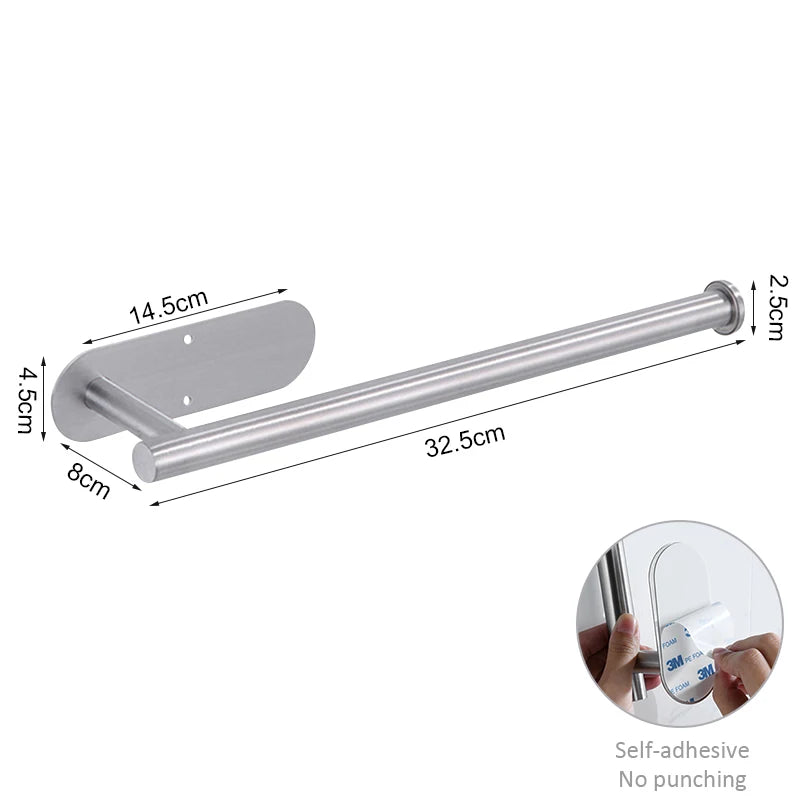 Stainless Steel Paper Towel Holder Under Cabinet Adhesive Toilet Roll Paper Holder Lengthen Tissue Hanger For Kitchen Bathroom