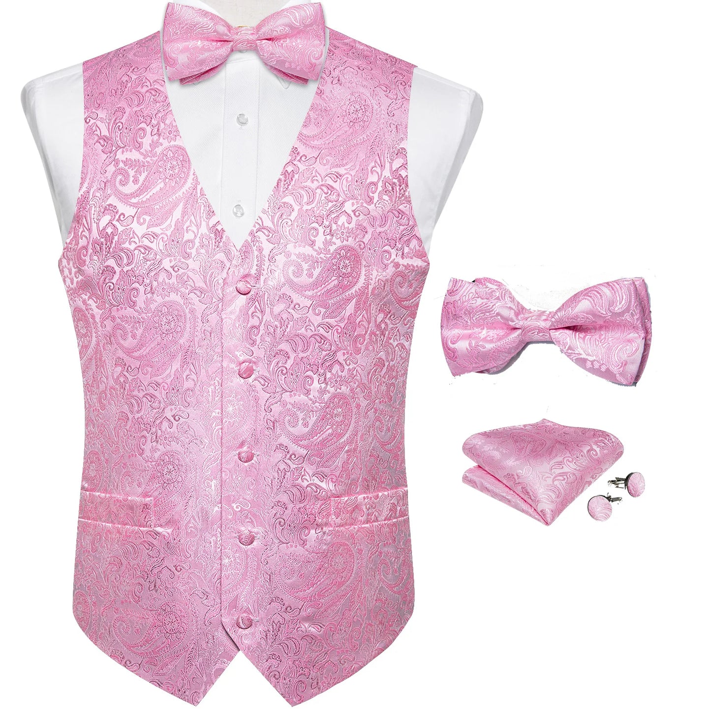 Men's Suit Vest Black Paisley Solid Red Grey Wedding Prom Luxury Waistcoat with Bow Tie Handkerchief Cufflinks Men Clothing