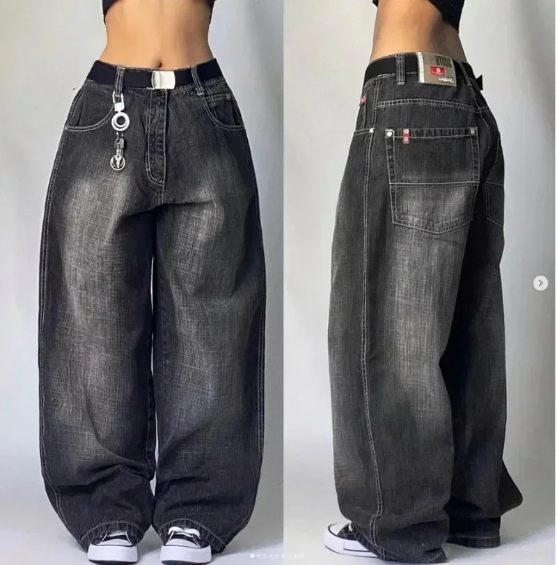 Y2K Baggy Jeans Women Cartoon Characters Embroidered Light Blue Washed Denim Jeans Harajuku Goth Skateboard Pants Street Clothes