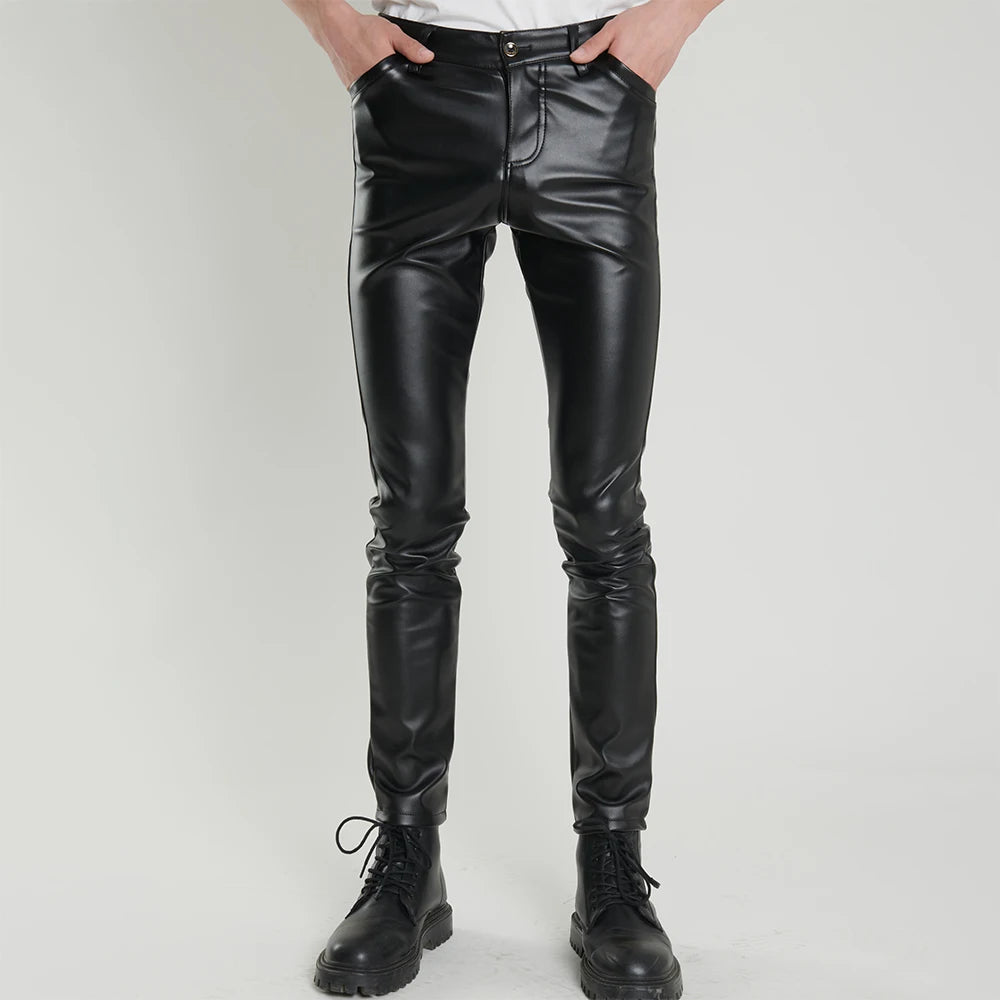 Spring Autumn Men's Leather Pants Skinny Fit Elastic Fashion PU Leather Trousers Punk Cosplay Dance Pants
