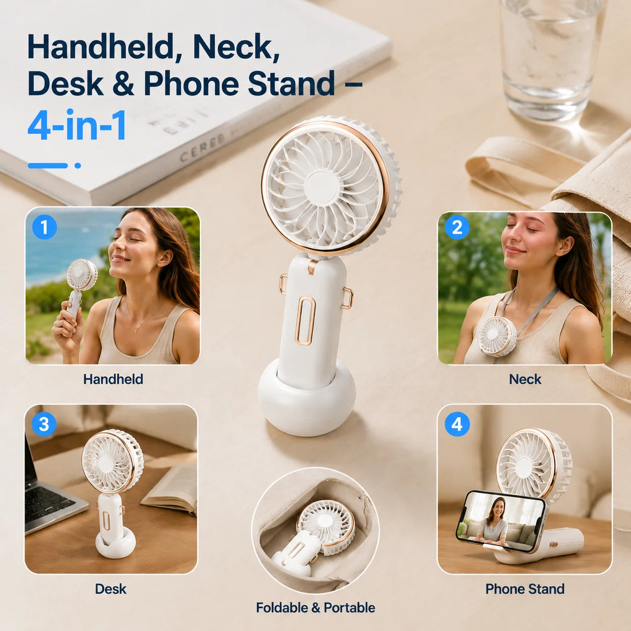 Handheld Fan Foldable Portable Fan with LED Display 2000mAh Battery Operated Mini Hand Held Fan for Travel Beach Outdoor