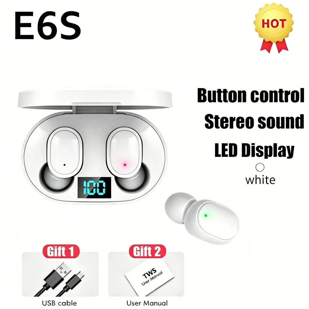 E6S TWS Wireless Bluetooth Earphones Digital Display Noise Cancelling Earbuds with Mic HiFi Stereo Sound Headset for Smartphones