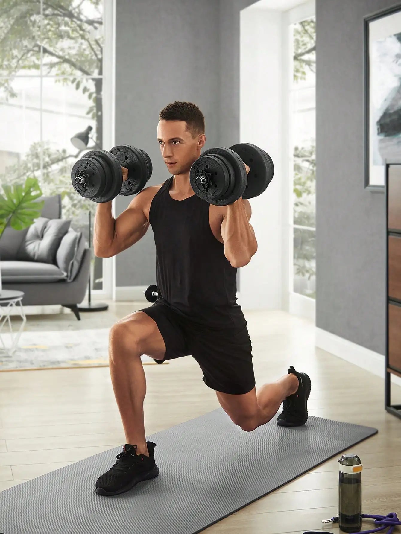 SONGMICS 2-in-1 Dumbbells Set, 2 x 10 kg, Adjustable with Barbell Bar, Plastic-Coated Plates, Fitness Exercise, Home Gym, Black