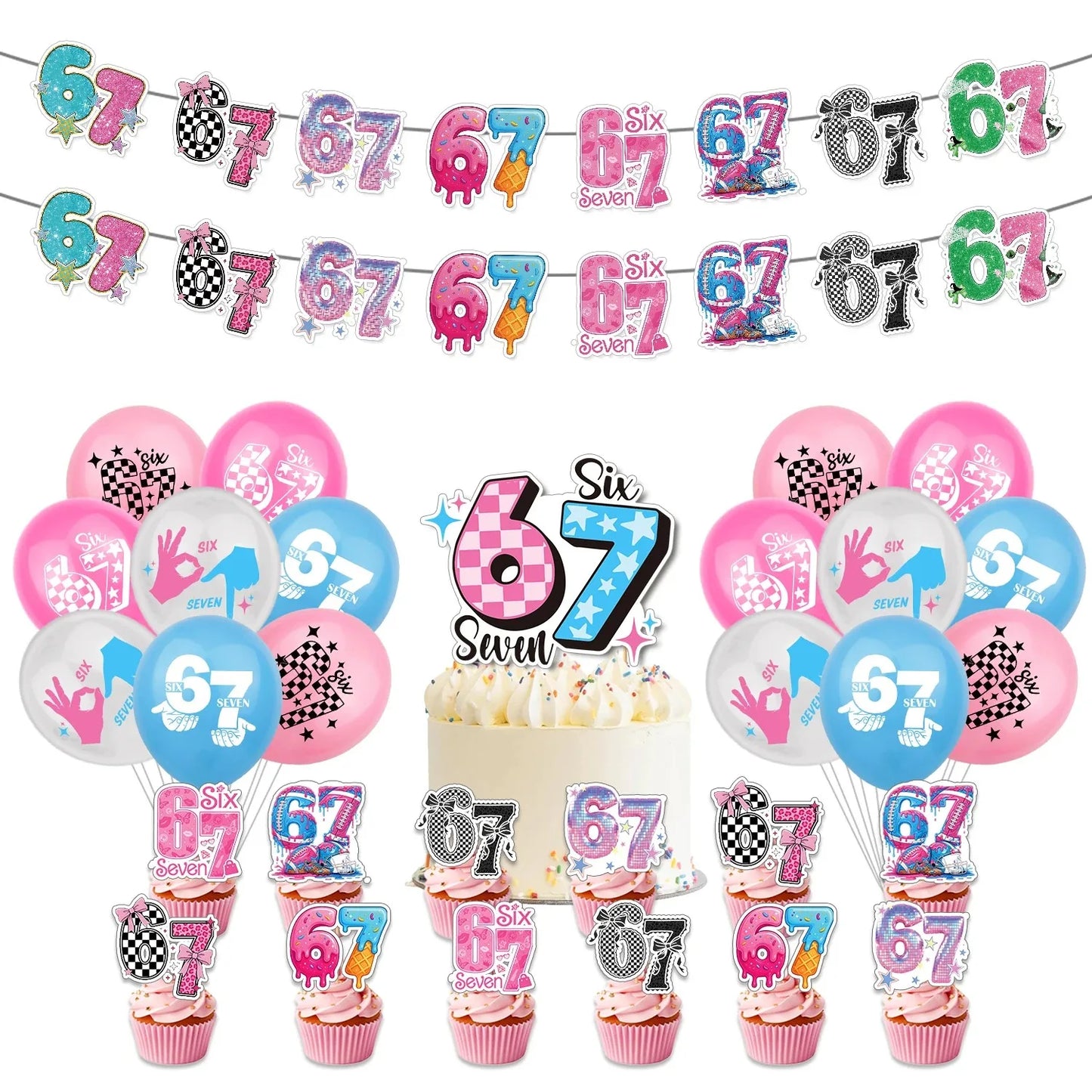 Funny 67 Six Seven Party Decorations, 67 MemeThemed Party Decorations Set Includes Banner, Cake Topper, Cupcake Toppers, Ballon