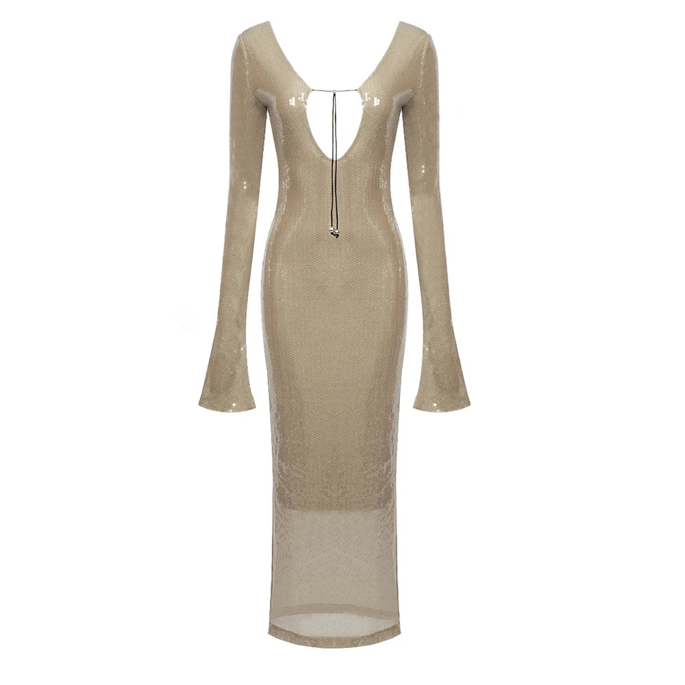 VC Dresses For Women 2022 Deep V Plunge Sexy Long Sleeves Ankle Length Sequins Bodycon Clothes Evening Dress Vestido