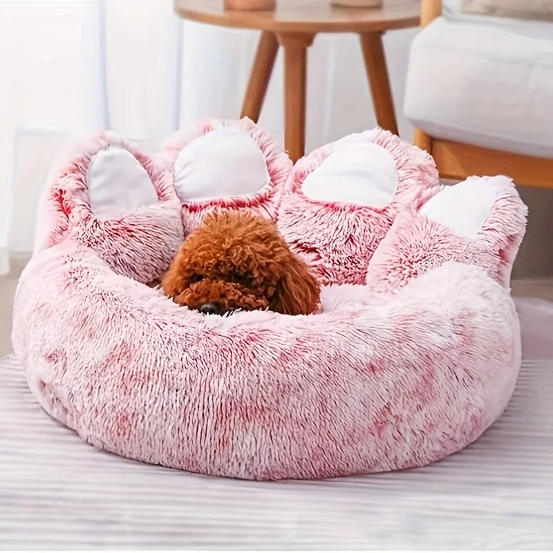 Bear Paw Pet Bed Warm Plush Calming Donut Bed for Medium Dogs Cats, Anti-Anxiety Puppy Cat Cushion Mat Winter Soft Round Bed