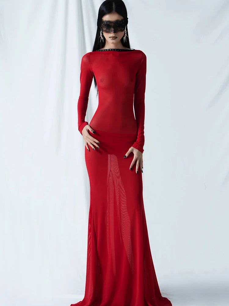 Dulzura 2023 Summer Solid See Through Maxi Backless Back Straps Dress Long Sleeve Edible Tree Fungus Party Birthday Y2K