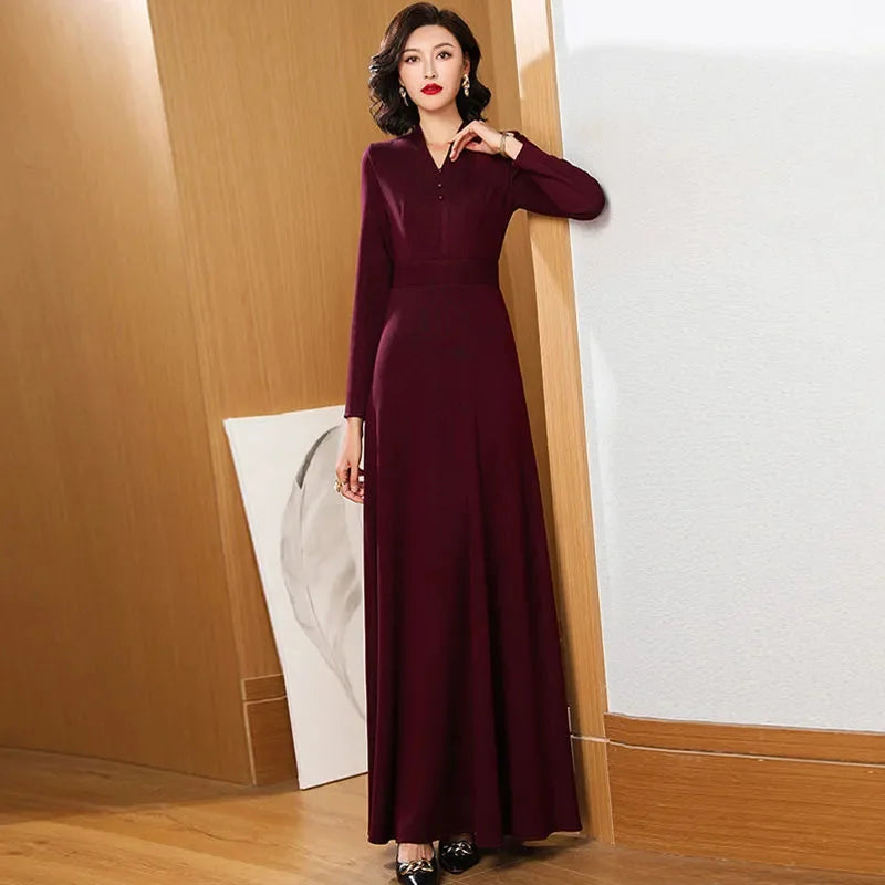 New Spring Autumn Dress Fashion Loose Long Sleeve A-line Dress Women Long Dresses Middle Aged Mother Fashion Dress