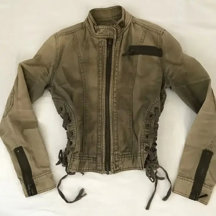 Y2K Gothic Black Coat Bomber Jacket Women Harajuku Vintage Turn Down Collar Denim Jacket Punk Diagonal Zipper Motorcycle Jacket