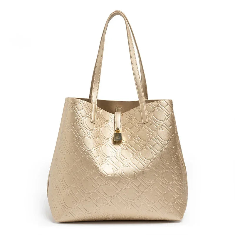 CH Luxury Tote Handbag For Women Large Capacity Work Shoulder Bag Elegant Golden Shopping Shoulder Purse