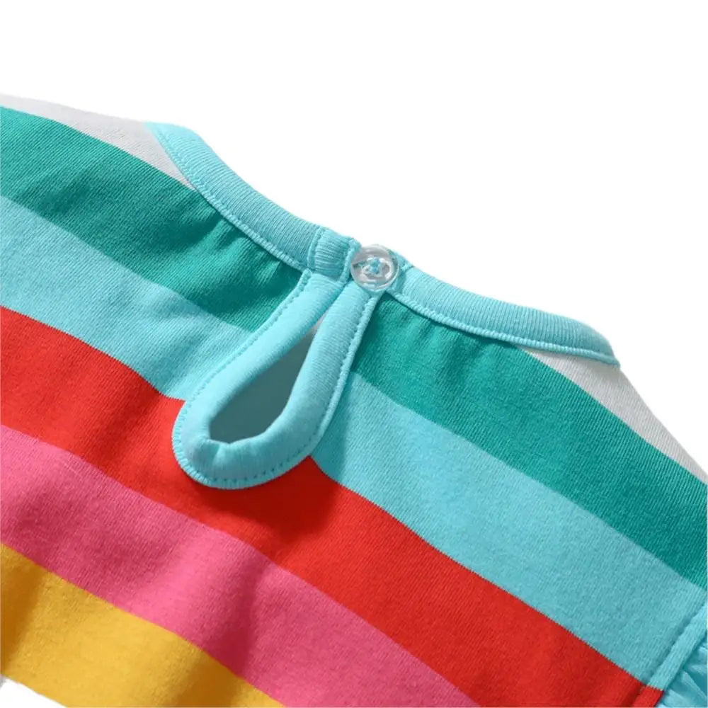 Kids Clothes 2025 New Summer Children's Clothing Cartoon Rainbow Striped Dresses Cotton Casual Vestidos Gifts