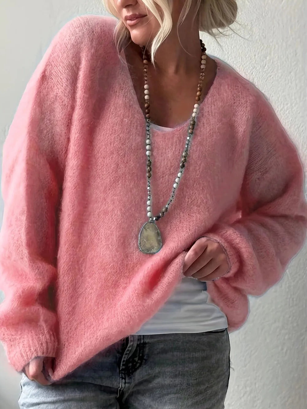 Autumn Elegant V-neck Soft Sweater Tops Women's Causal Long Sleeve Solid Color Knitted Blouse Winter Fashion Loose