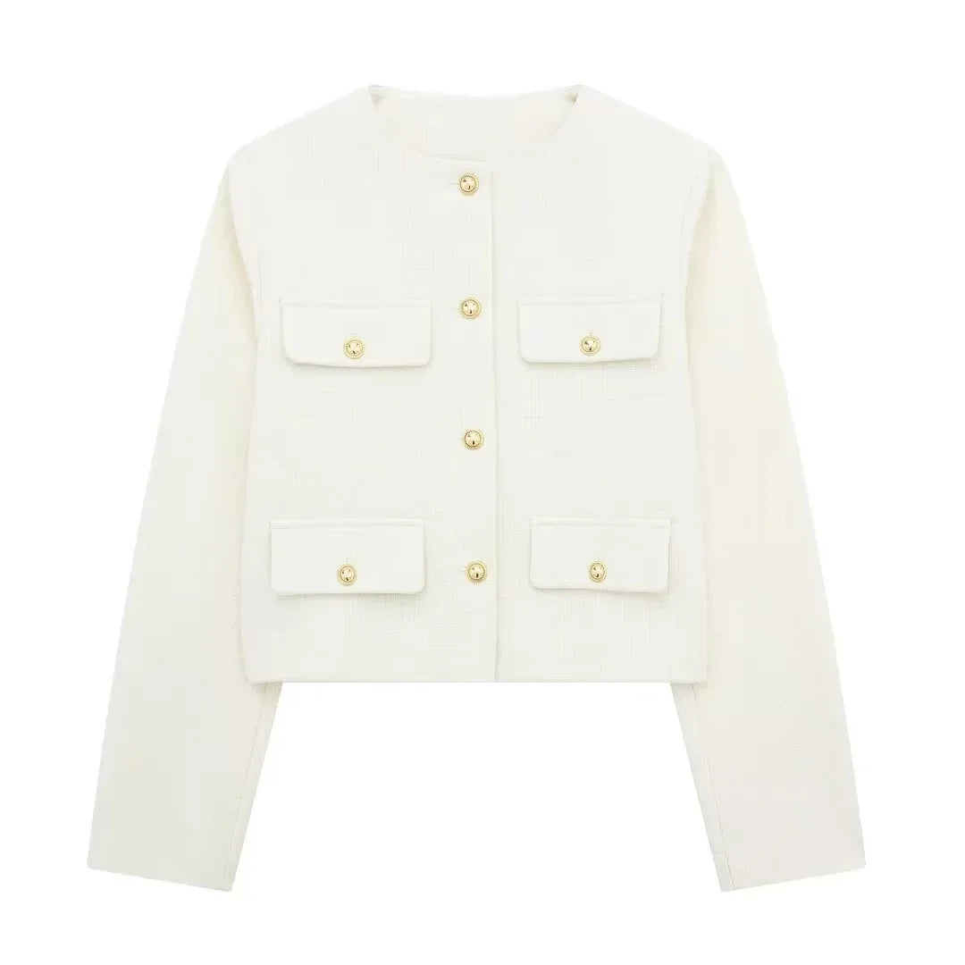 Women Elegant Cropped Jacket 2025 Women's Fashion Jacket O-Neck Long Sleeved Flip Pocket Coat Female Casual Outwear Tops