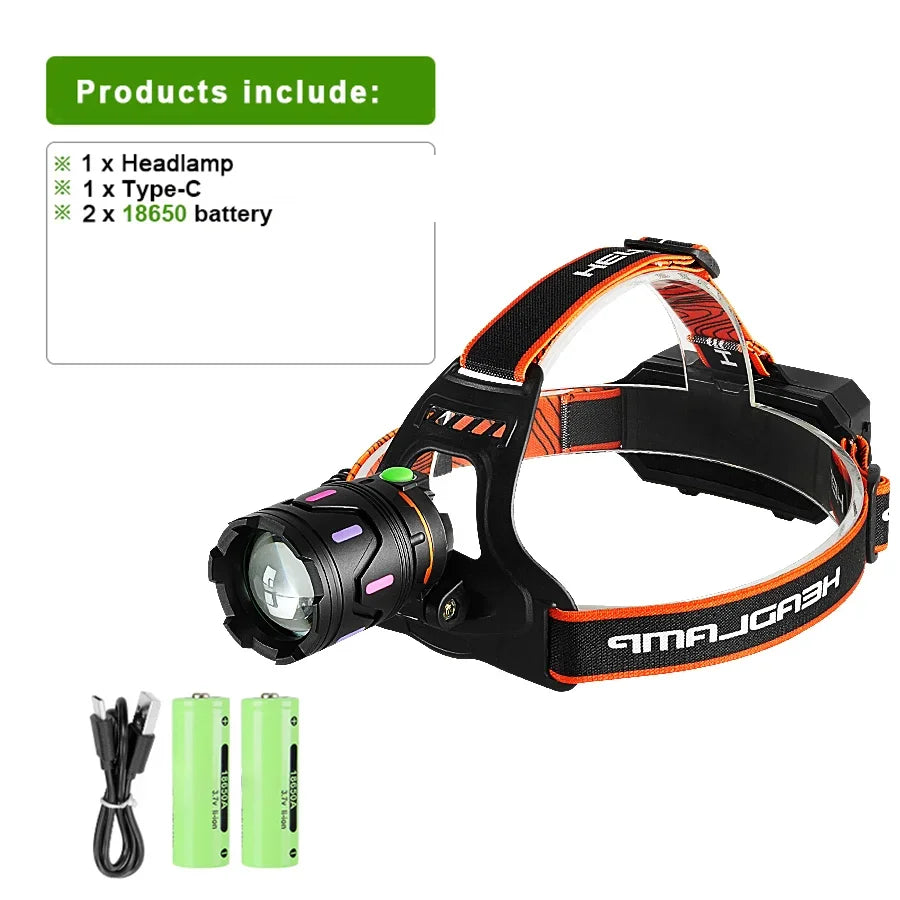 2025 Powerful LED Headlamp Rechargeable Telescopic Zoomable Headlight Outdoor Waterproof Work Head Lamp High Lumen Head Torch