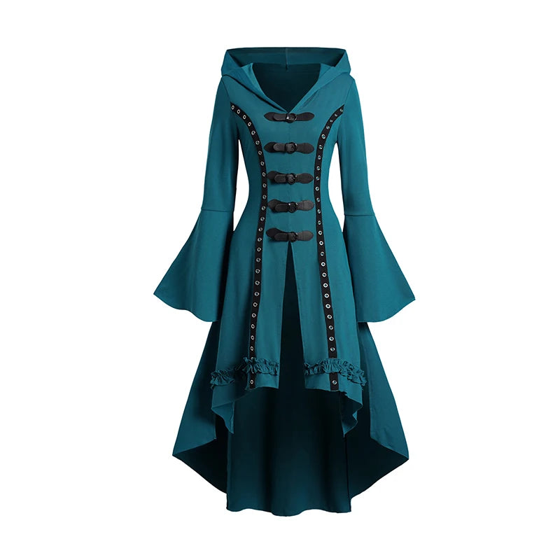 Dressfo Women's Grommet Gothic Hooded Top High Low Hem Buckle Flare Sleeve Frilled Top Long Sleeves Hooded Halloween Tops