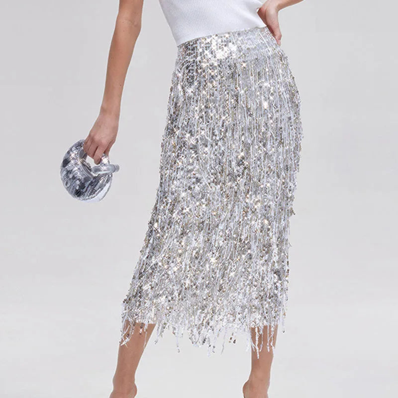 Stylish Glitter Sequined Sparkly Evening Skirts Elegant 2026 Spring High Waist Slim Split Tassel Skirt Summer Sexy Women's Skirt