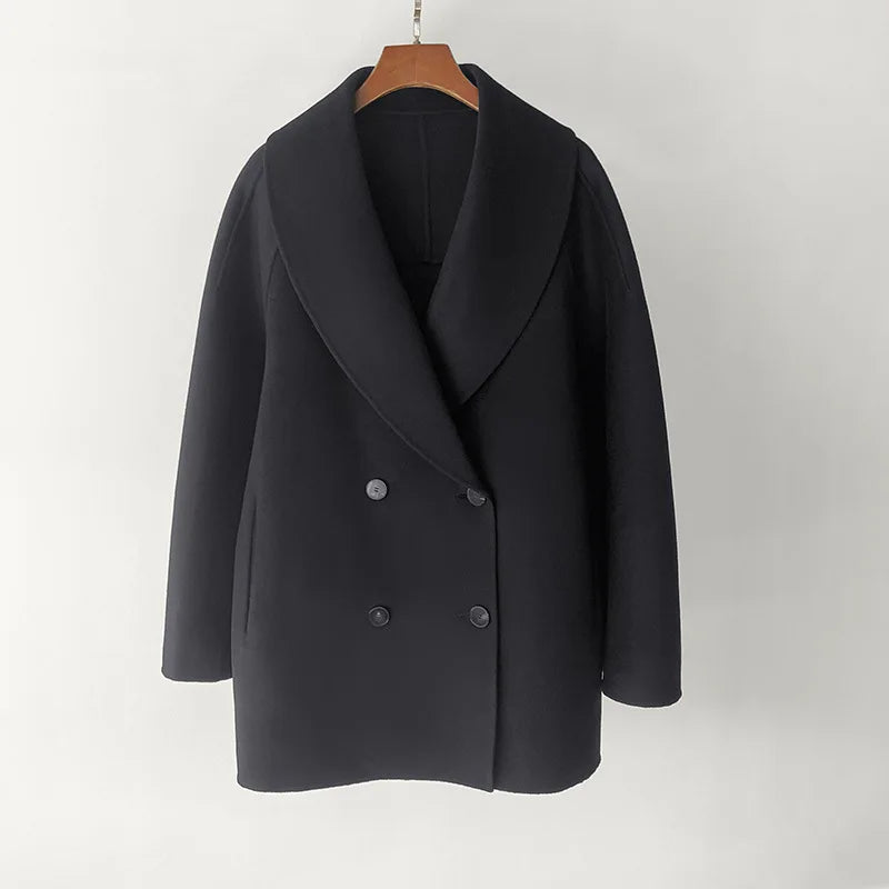 Naizaiga 90% WOOL 10% CASHMERE Loose double-breasted tweed coat fall winter classic wool blend black Women coat jacket MPH1