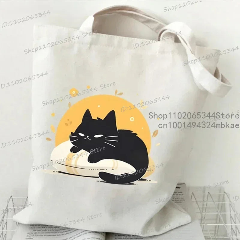 Kawaii Black Cat Graphic Handbags for Women Japanese Style Canvas Tote Bag Cartoon Fashion Shoulder Bag for Women Kitten Bag