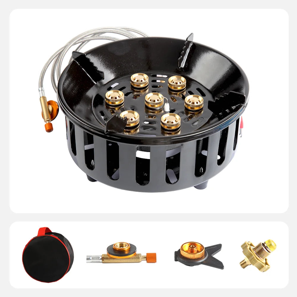 High-Power 7-Core 21000W Portable Camping Stove Windproof Outdoor Gas Burner with Electronic Ignition for Strong Fire Cooking