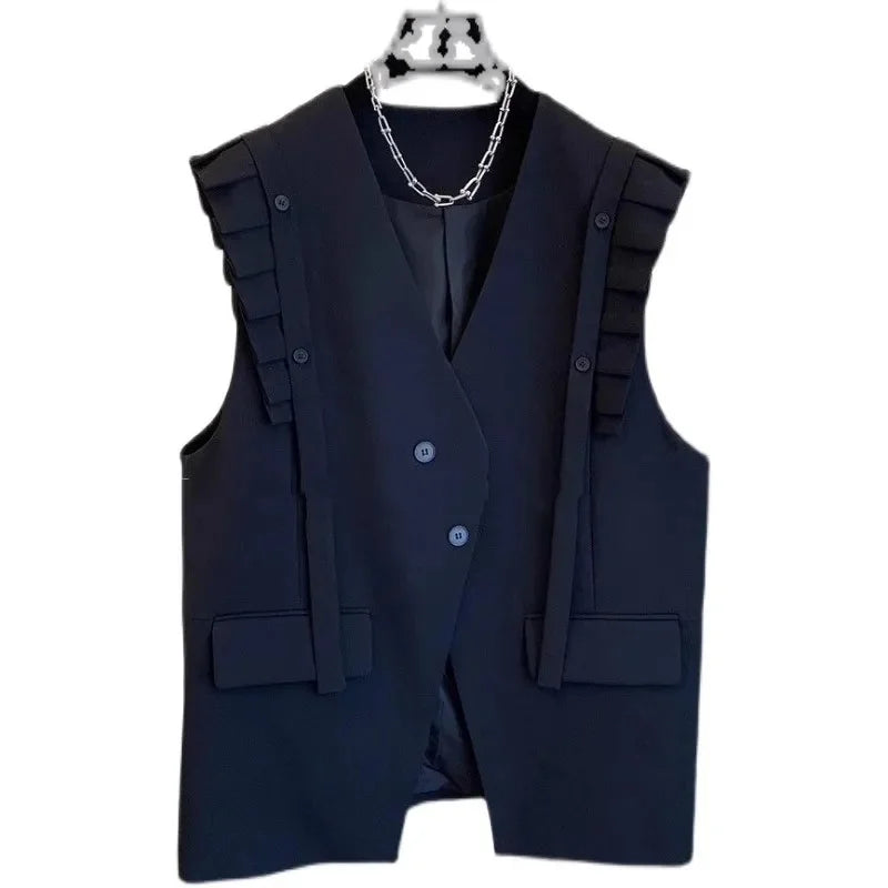 New Vest Coat Female Spring Autumn Temperament Wood Ear Splicing Suit Sleeveless Jacket Women Loose Casual Waistcoat Tops Ladies