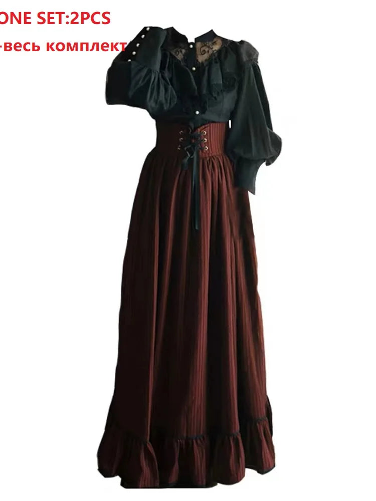 Gothic England Style Women Cosplay Palace Shirt Long Skirt Set Classic Black Lace Ruffle Shirt High Waist Bandage Skirts Femme