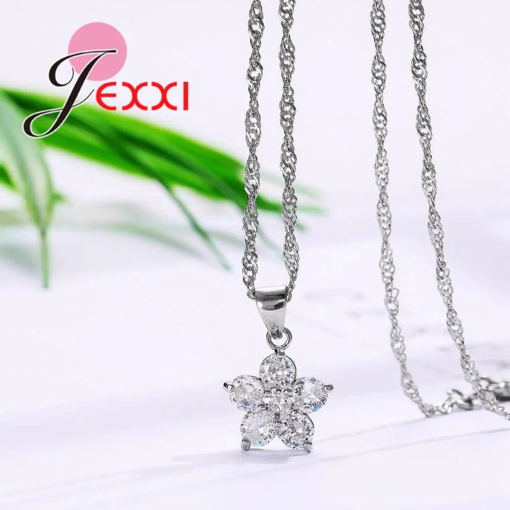 Gorgeous Flower Jewelry Sets Micro Inlaid White Round Crystal 925 Sterling Silver Brand Pendant Necklace/Dangle Earrings
