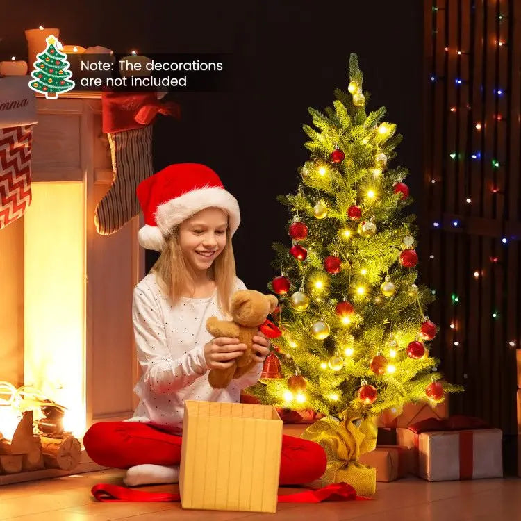 Mini 3-Foot Pre-Lit Artificial Christmas Tree with Burlap Base for Tabletop Xmas Decorations