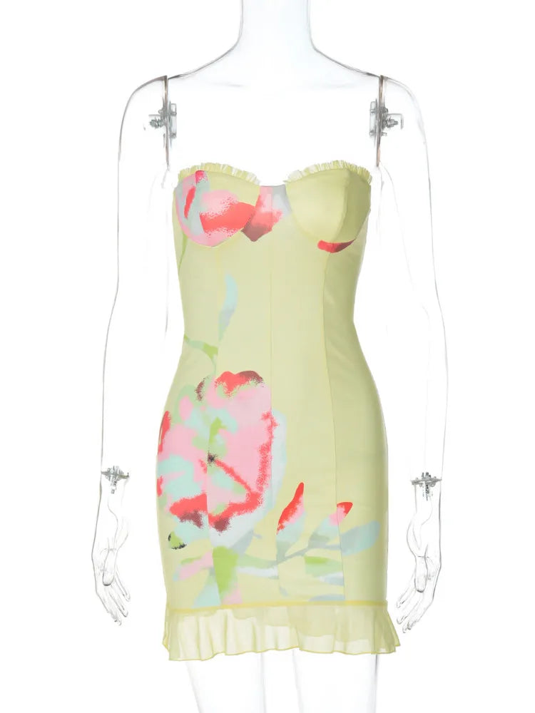 Mozision Off-shoulder Strapless Sexy Mini Dress For Women Robe Yellow Sleeveless Backless Ruffled Printed Club Dress Vestido