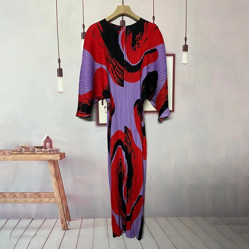 Miyake Pleated Hand Painted Long Dress 2022 New Spring Summer Loose Women Long Sleeves Designer Elegant Fashion Clothes In Stock