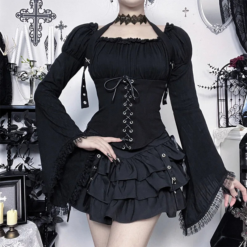 Dark Gothic Vintage Shirt Women's Off-the-shoulder Bell-sleeve Halter Top Y2K Harajuku Sexy Long-sleeve Top Lady Sets