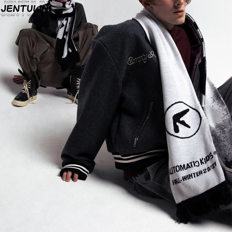 Y2K Aphex Twin creative hip-hop knit scarves warm Pullover oversize men's Streetwear scarves winter scarves apron black tassels