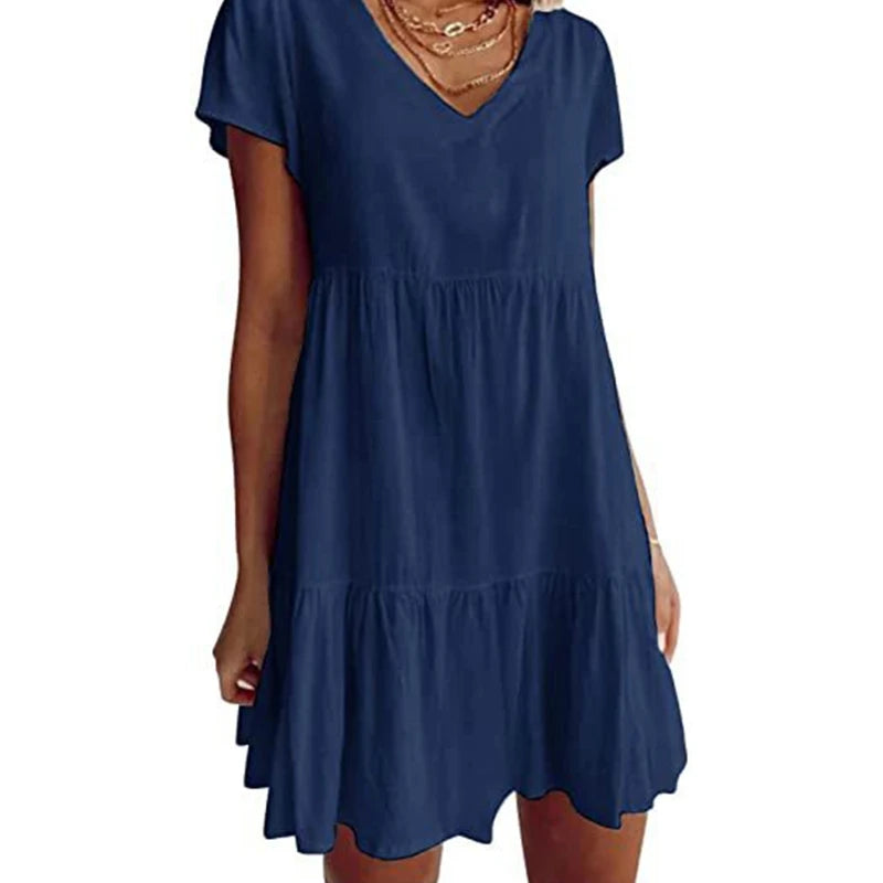 Women Short Sleeve Sexy V-Neck Swing Tunic Mini Dress Solid Color Pleated Ruffle Flowy Hem A-Line Casual Loose Dropship