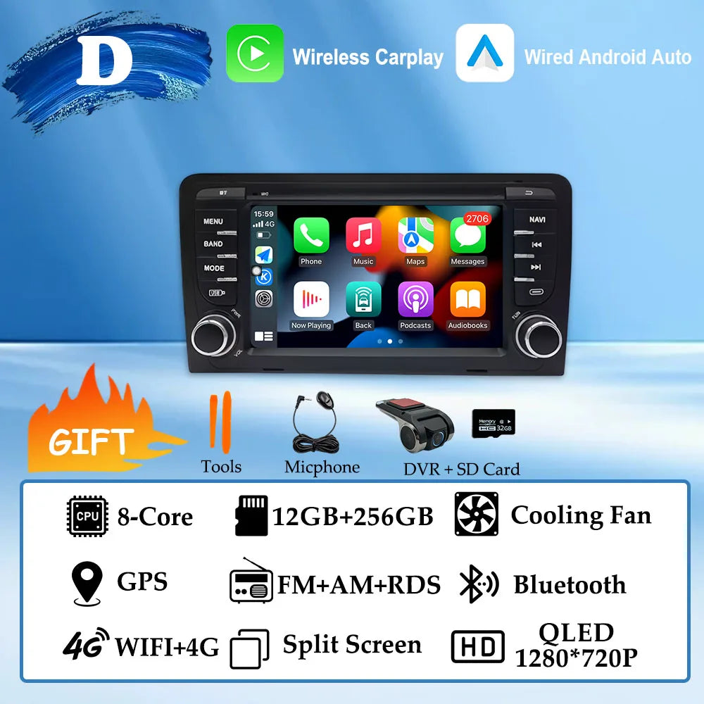 GPS Navigation 7 inch 4G Wifi Car Radio Android 16 for Audi A3 8P 2003-2011 S3 RS3 Sportback CarPlay Multimedia Player Video DSP