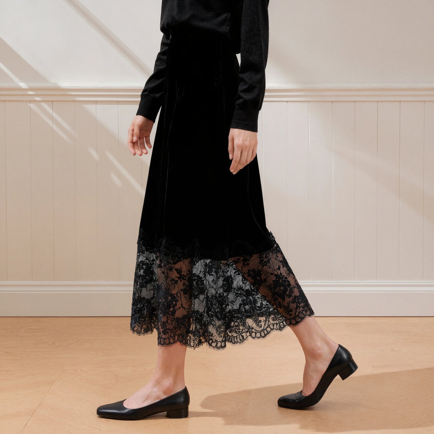 Elegant Black Velvet Midi Skirt Women Autumn Winter High Waist Lace Patchwork Sheer Hem A-Line Long Skirts Vintage Gothic Party