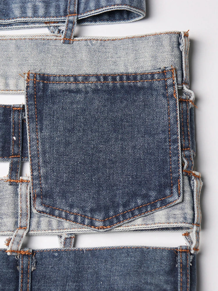 VGH Colorblock Streetwear Denim Skirts For Women High Waist Spliced Button Hollow Out Casual Irregular Skirt Female Fashion New