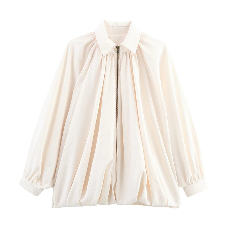 Pleated Zipper Green Oversize Jacket Women Long Lantern Sleeve Lapel Folds Elegant 2025 Spring Coat Street Commuter Lady Tops
