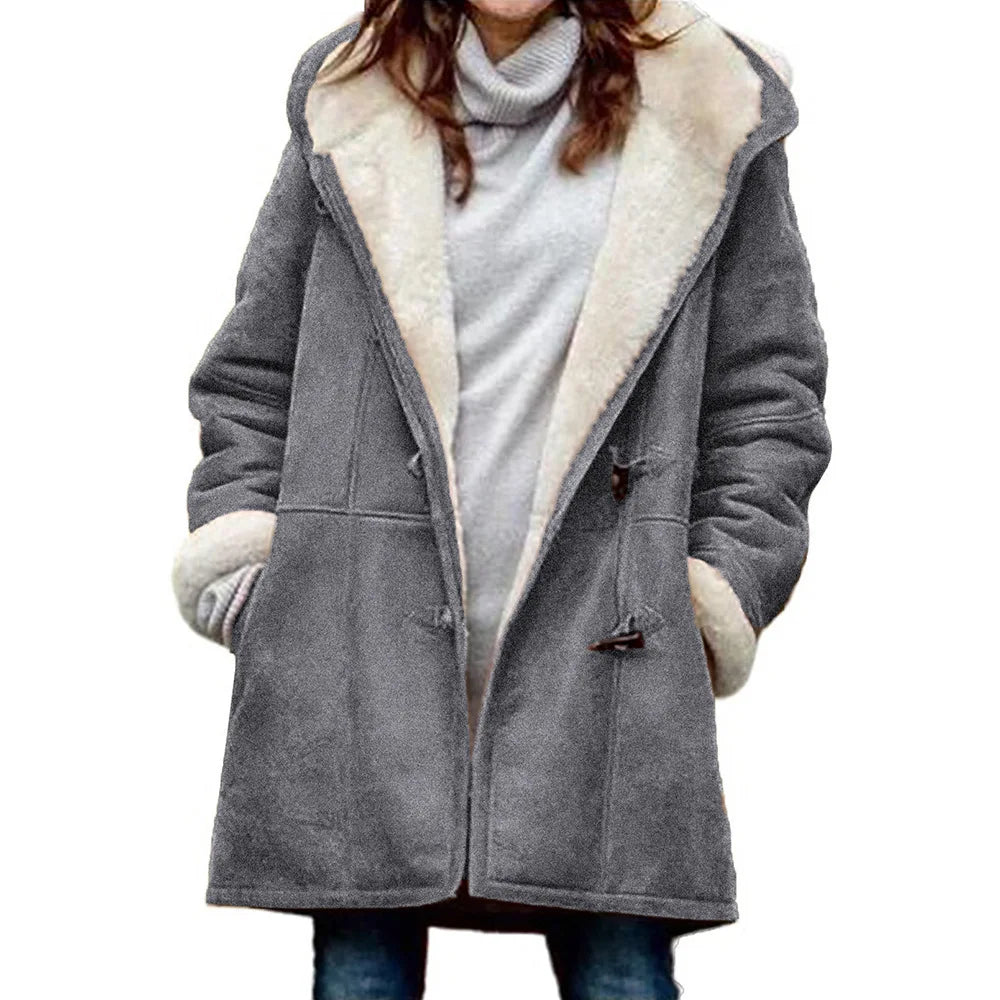 Coat Women's Jacket Cow Horn Buckle Pockets Solid Color Fleece Lined Hooded Overcoat Female Outerwear Winter Clothes Women