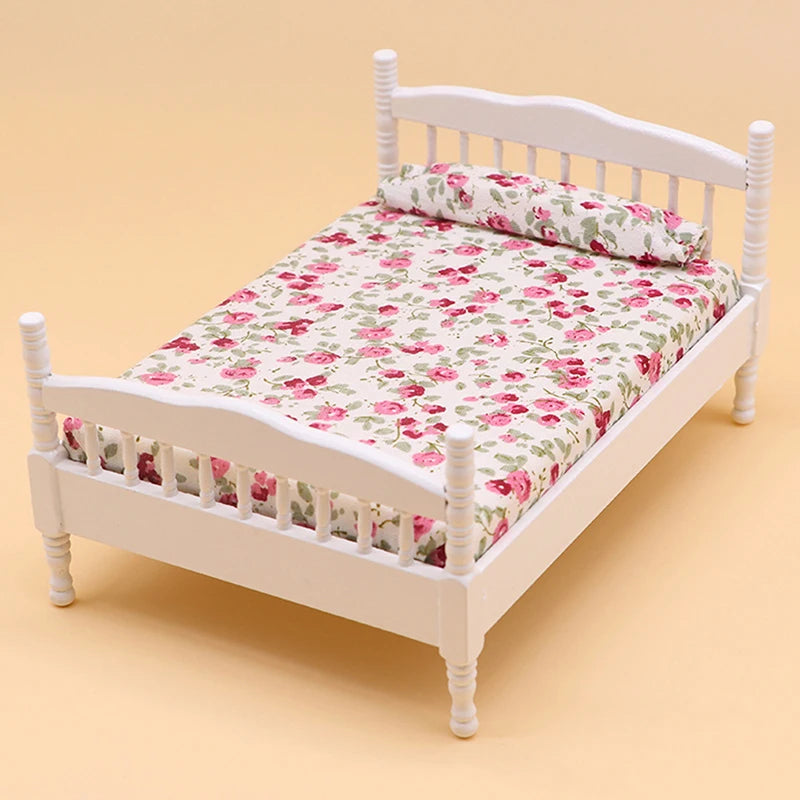 1:12 Dollhouse Miniature Double Bed Model European Bedroom Scene Furniture Accessories For Doll House Decor Kids Play Toys Gift