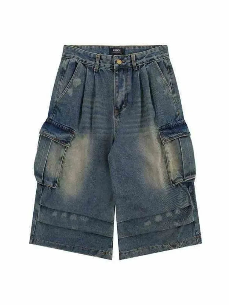 High Waist Retro Blue Washed Denim Shorts Women's Harajuku Vintage Fashion Casual Loose Y2K Streetwear Wide Leg Cropped Pants