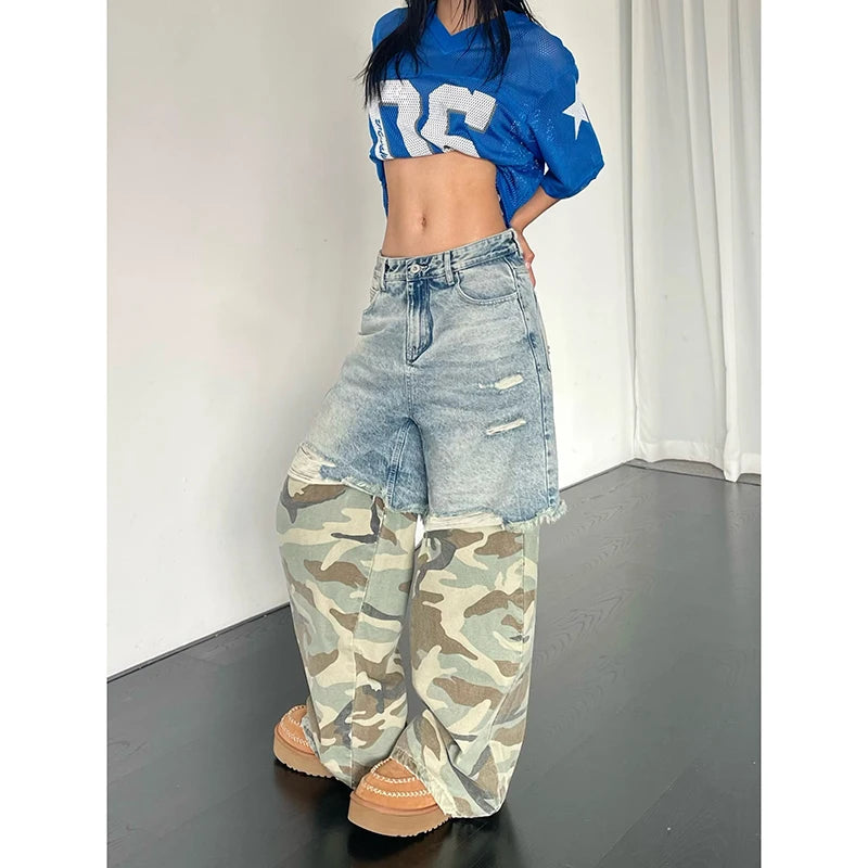 Women Patchwork Baggy Y2k Ripped Jeans Harajuku Aesthetic Denim Trousers Japanese 2000s Style Jean Pants Vintage Trashy Clothes